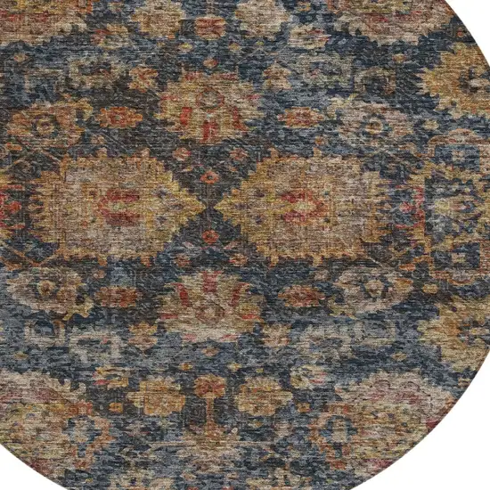 8' Navy Blue Brown And Terra Cotta Round Damask Washable Indoor Outdoor Area Rug Photo 5