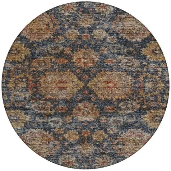 8' Navy Blue Brown And Terra Cotta Round Damask Washable Indoor Outdoor Area Rug Photo 6