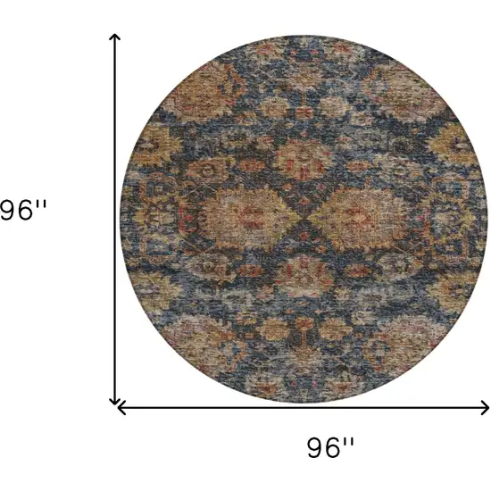 8' Navy Blue Brown And Terra Cotta Round Damask Washable Indoor Outdoor Area Rug Photo 9