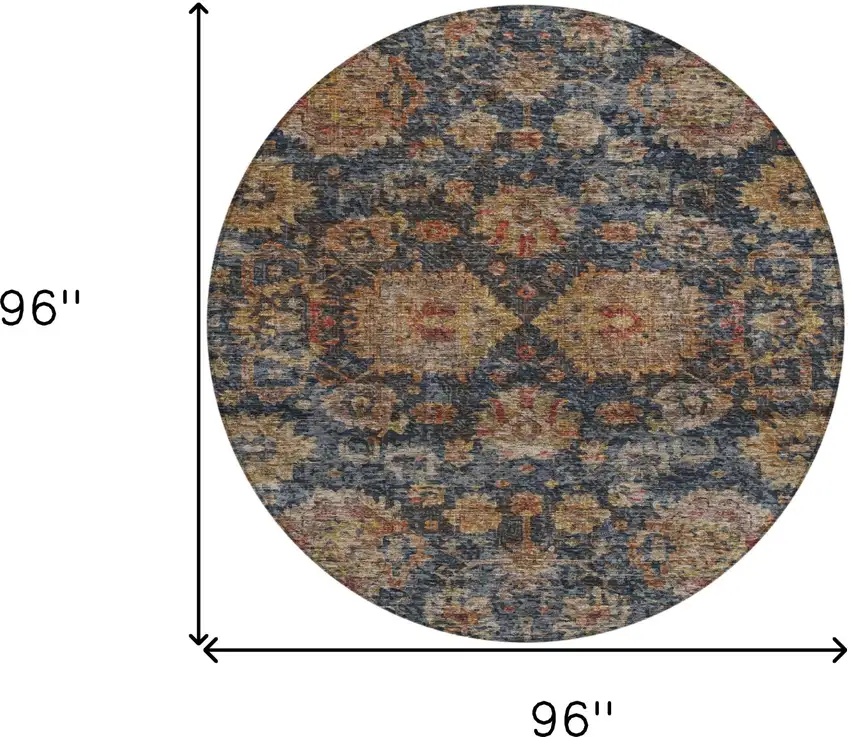8' Navy Blue Brown And Terra Cotta Round Damask Washable Indoor Outdoor Area Rug Photo 9