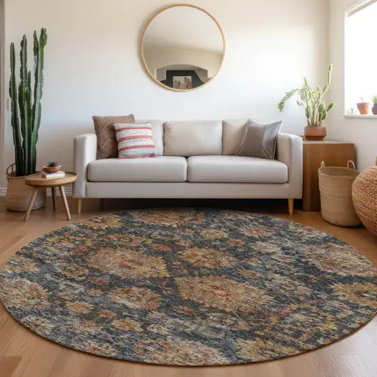 8' Navy Blue Brown And Terra Cotta Round Damask Washable Indoor Outdoor Area Rug Photo 8