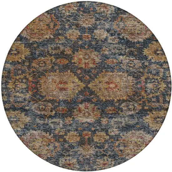 8' Navy Blue Brown And Terra Cotta Round Damask Washable Indoor Outdoor Area Rug Photo 2