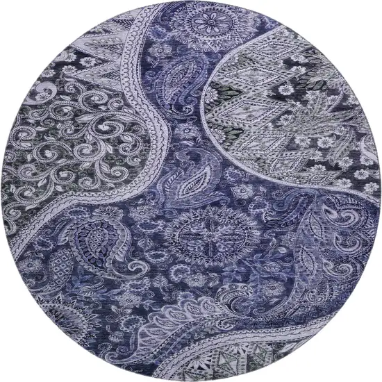8' Navy Blue Charcoal And Gray Paisley Washable Round Rug With UV Protection Photo 1