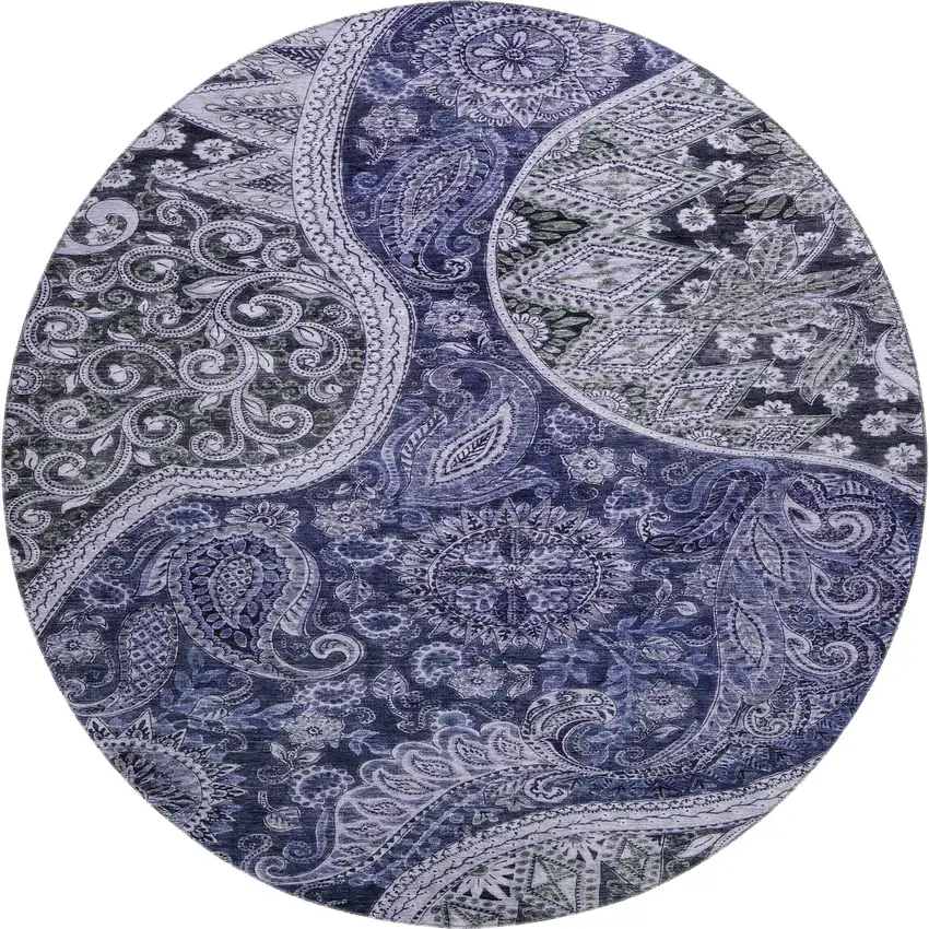 8' Navy Blue Charcoal And Gray Paisley Washable Round Rug With UV Protection Photo 1