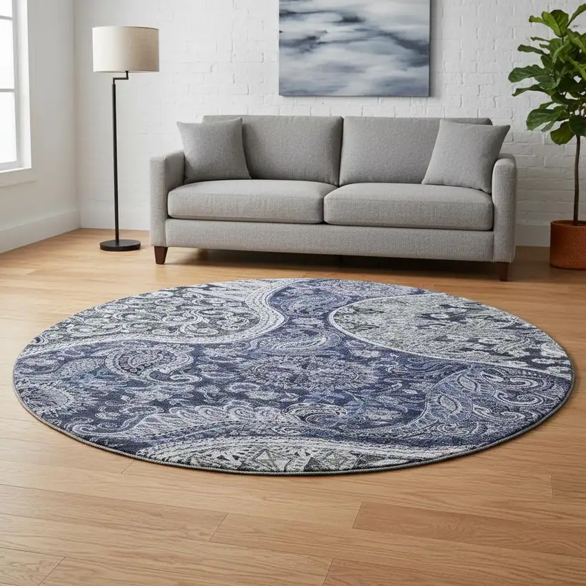 8' Navy Blue Charcoal And Gray Paisley Washable Round Rug With UV Protection Photo 2