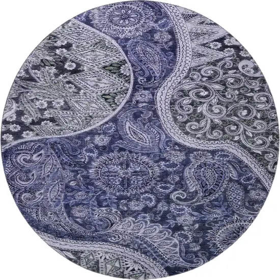 8' Navy Blue Charcoal And Gray Paisley Washable Round Rug With UV Protection Photo 3