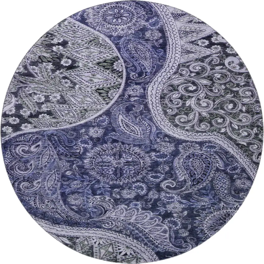 8' Navy Blue Charcoal And Gray Paisley Washable Round Rug With UV Protection Photo 3