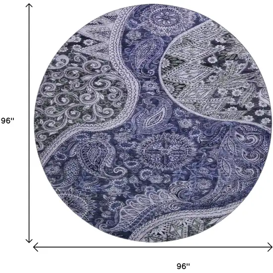 8' Navy Blue Charcoal And Gray Paisley Washable Round Rug With UV Protection Photo 9