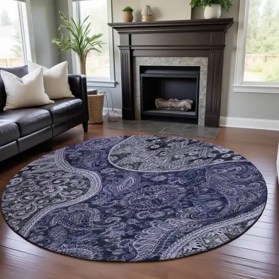 8' Navy Blue Charcoal And Gray Paisley Washable Round Rug With UV Protection Photo 4