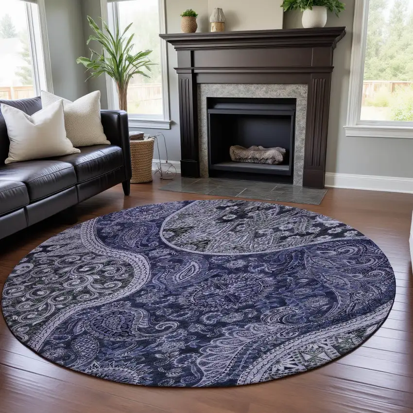 8' Navy Blue Charcoal And Gray Paisley Washable Round Rug With UV Protection Photo 4