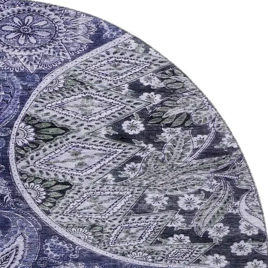 8' Navy Blue Charcoal And Gray Paisley Washable Round Rug With UV Protection Photo 2