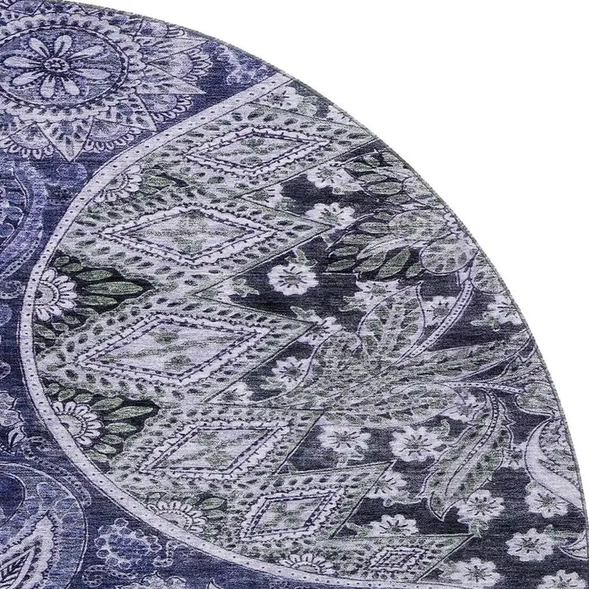 8' Navy Blue Charcoal And Gray Paisley Washable Round Rug With UV Protection Photo 2