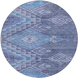 Photo of 8' Navy Blue Charcoal And Gray Round Southwestern Washable Indoor Outdoor Area Rug