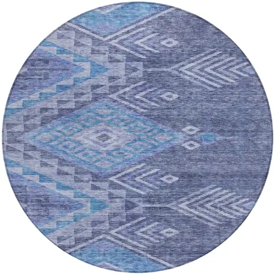 8' Navy Blue Charcoal And Gray Round Southwestern Washable Indoor Outdoor Area Rug Photo 2