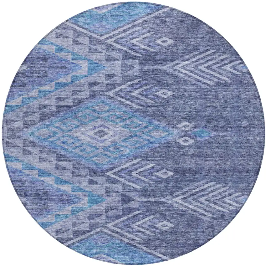 8' Navy Blue Charcoal And Gray Round Southwestern Washable Indoor Outdoor Area Rug Photo 2