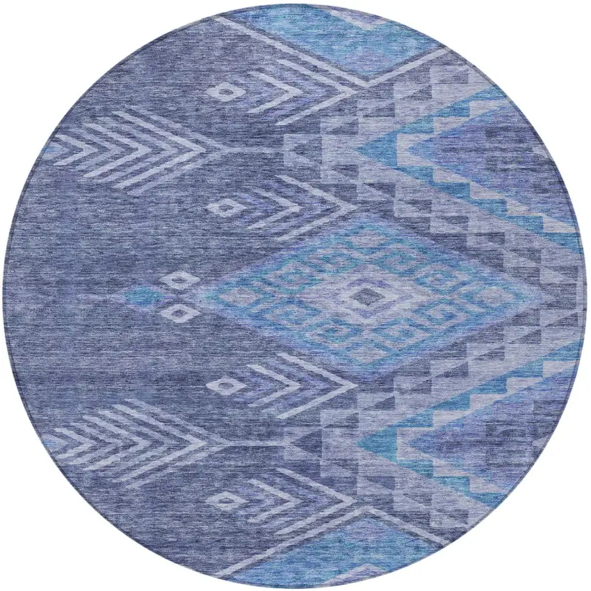 8' Navy Blue Charcoal And Gray Round Southwestern Washable Indoor Outdoor Area Rug Photo 5