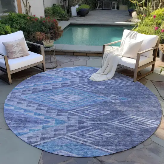 8' Navy Blue Charcoal And Gray Round Southwestern Washable Indoor Outdoor Area Rug Photo 6