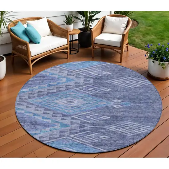 8' Navy Blue Charcoal And Gray Round Southwestern Washable Indoor Outdoor Area Rug Photo 1
