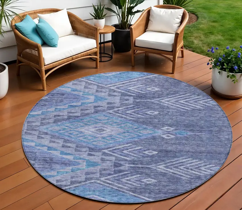 8' Navy Blue Charcoal And Gray Round Southwestern Washable Indoor Outdoor Area Rug Photo 1