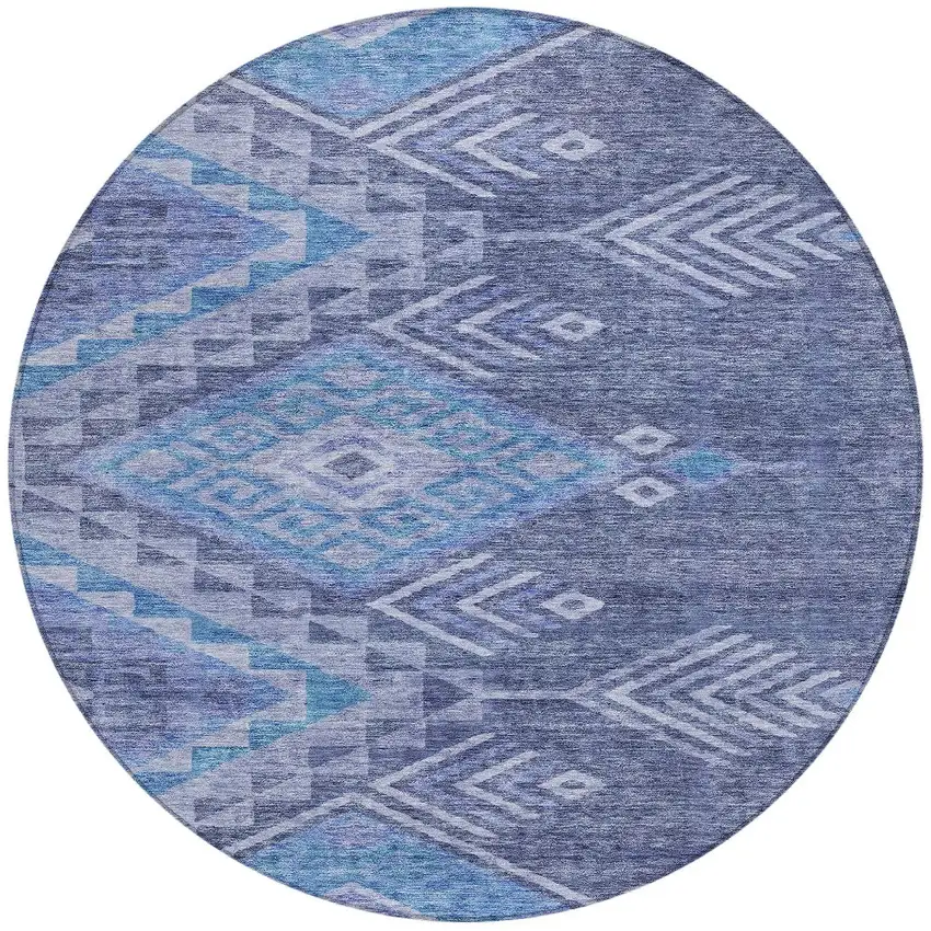 8' Navy Blue Charcoal And Gray Round Southwestern Washable Indoor Outdoor Area Rug Photo 4