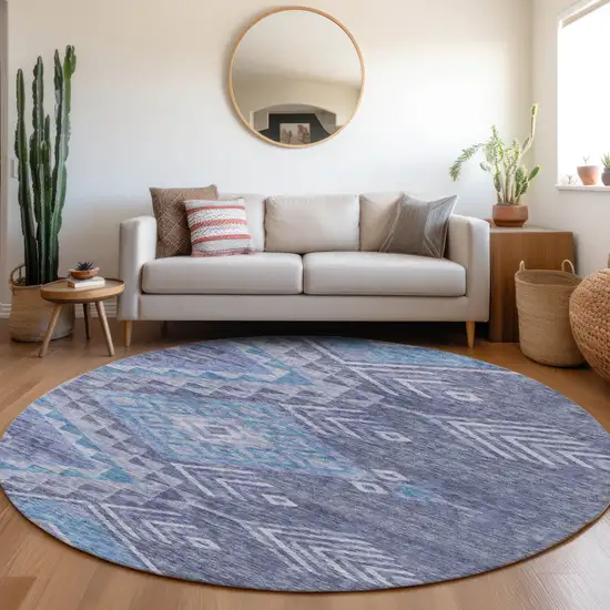 8' Navy Blue Charcoal And Gray Round Southwestern Washable Indoor Outdoor Area Rug Photo 7