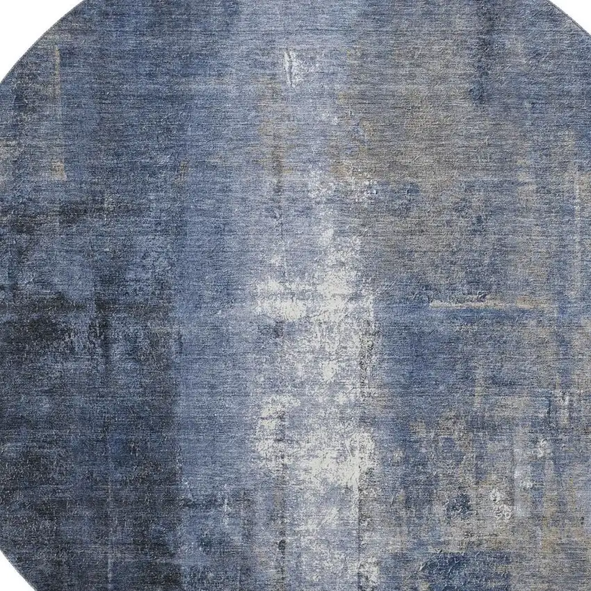 8' Navy Blue Charcoal And Ivory Abstract Washable Round Rug With UV Protection Photo 3