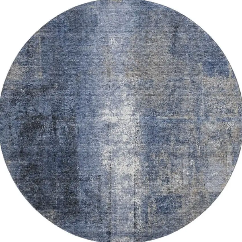 8' Navy Blue Charcoal And Ivory Abstract Washable Round Rug With UV Protection Photo 4