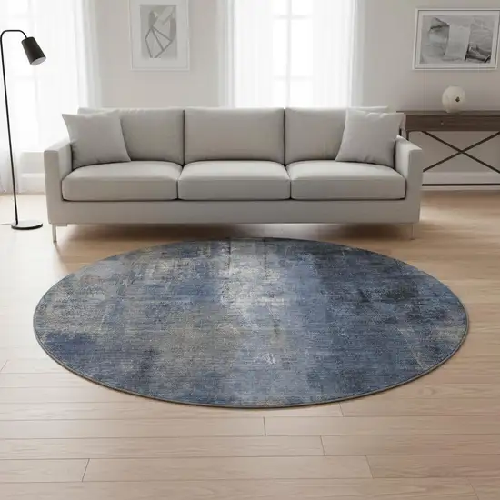 8' Navy Blue Charcoal And Ivory Abstract Washable Round Rug With UV Protection Photo 2