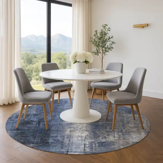 8' Navy Blue Charcoal And Ivory Abstract Washable Round Rug With UV Protection Photo 5