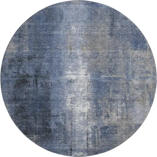 8' Navy Blue Charcoal And Ivory Abstract Washable Round Rug With UV Protection Photo 1