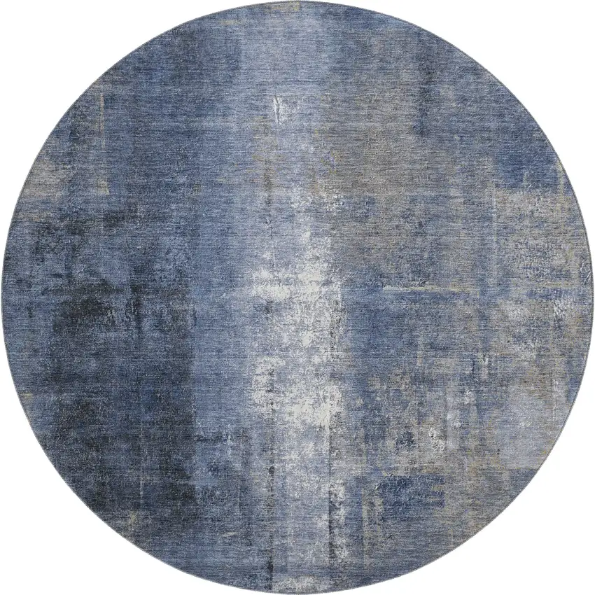 8' Navy Blue Charcoal And Ivory Abstract Washable Round Rug With UV Protection Photo 1