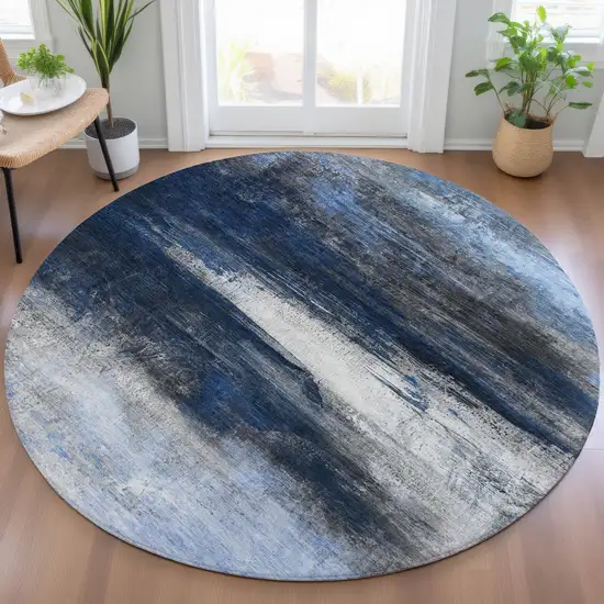 8' Navy Blue Charcoal And Ivory Round Abstract Washable Indoor Outdoor Area Rug Photo 5