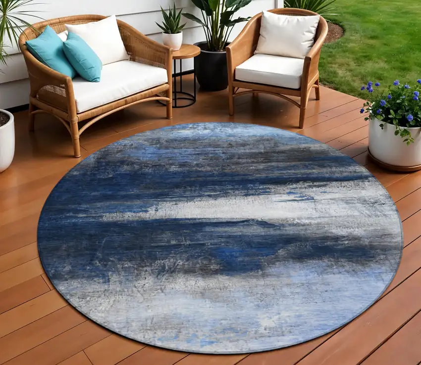 8' Navy Blue Charcoal And Ivory Round Abstract Washable Indoor Outdoor Area Rug Photo 2