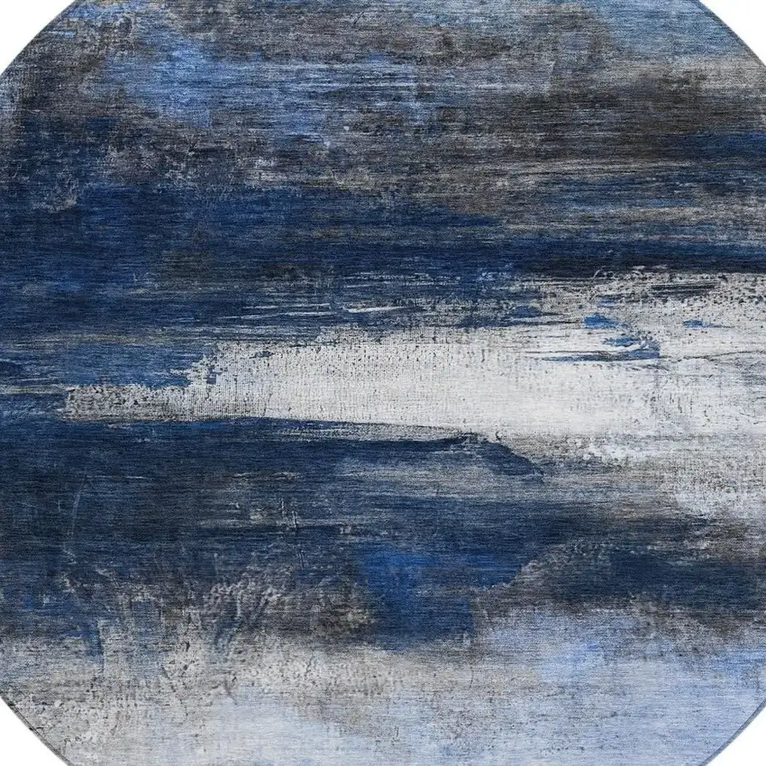 8' Navy Blue Charcoal And Ivory Round Abstract Washable Indoor Outdoor Area Rug Photo 4