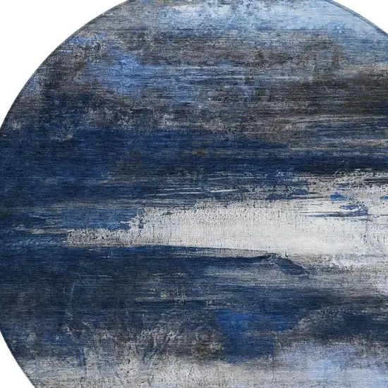 8' Navy Blue Charcoal And Ivory Round Abstract Washable Indoor Outdoor Area Rug Photo 8