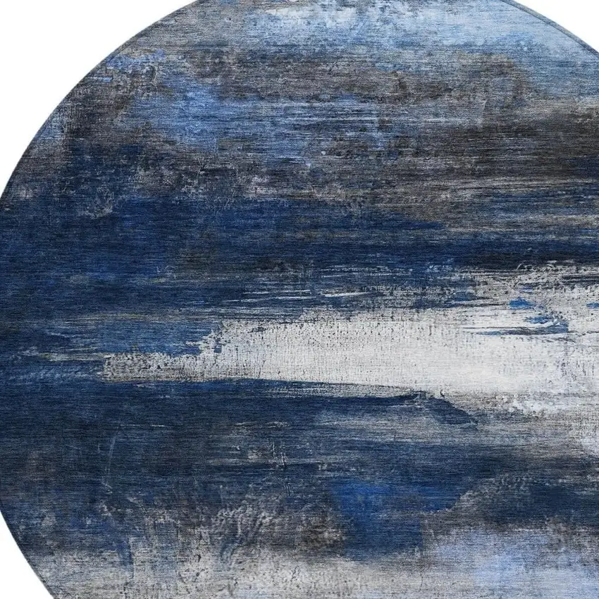 8' Navy Blue Charcoal And Ivory Round Abstract Washable Indoor Outdoor Area Rug Photo 8