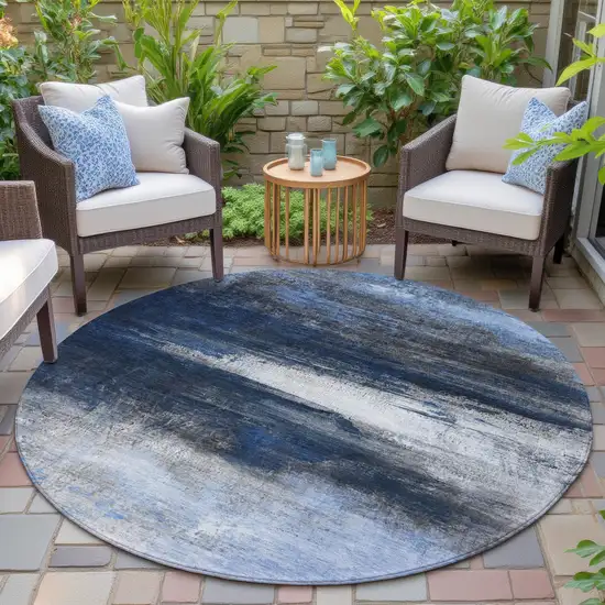 8' Navy Blue Charcoal And Ivory Round Abstract Washable Indoor Outdoor Area Rug Photo 6