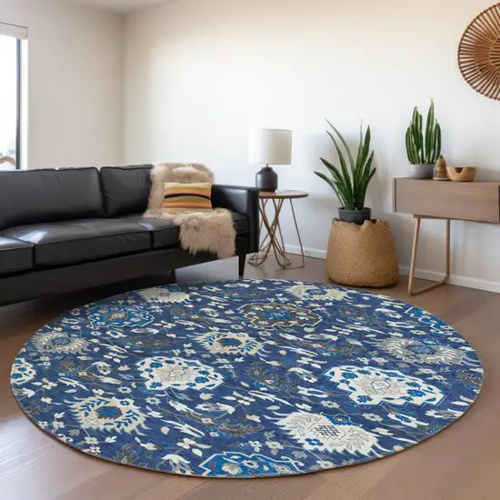 8' Navy Blue Charcoal And Ivory Round Damask Washable Indoor Outdoor Area Rug Photo 4