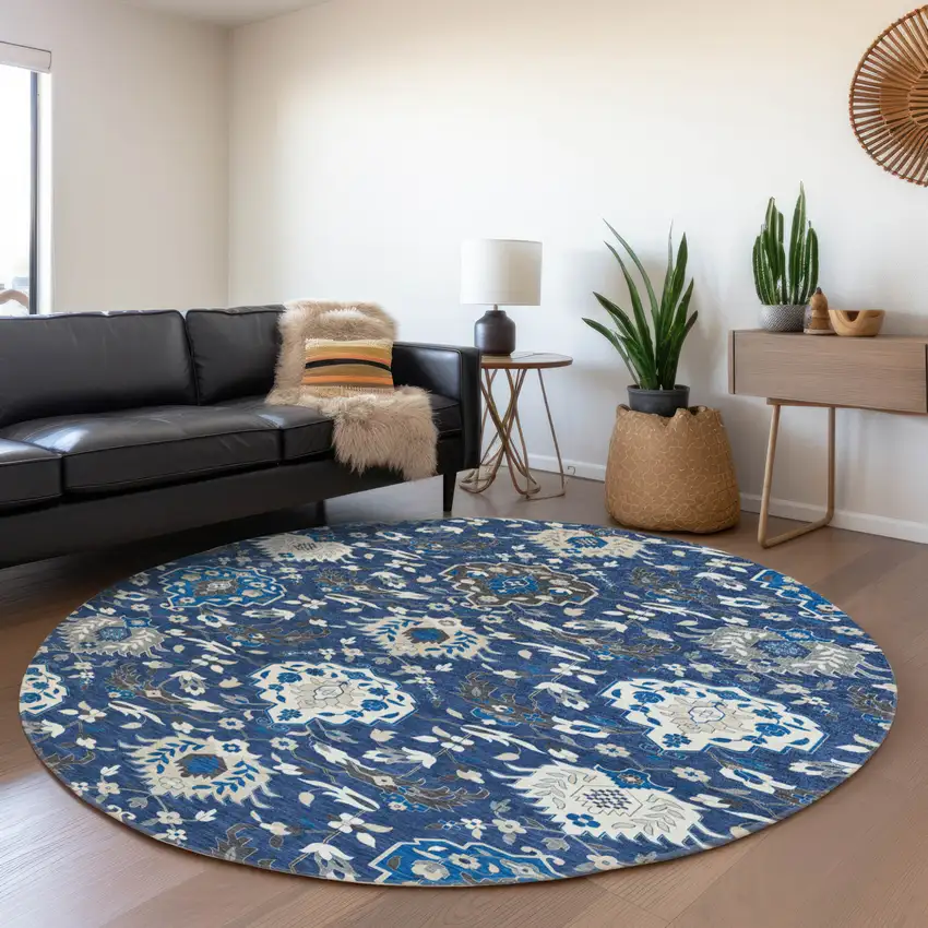 8' Navy Blue Charcoal And Ivory Round Damask Washable Indoor Outdoor Area Rug Photo 4
