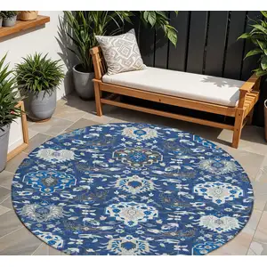 Photo of 8' Navy Blue Charcoal And Ivory Round Damask Washable Indoor Outdoor Area Rug