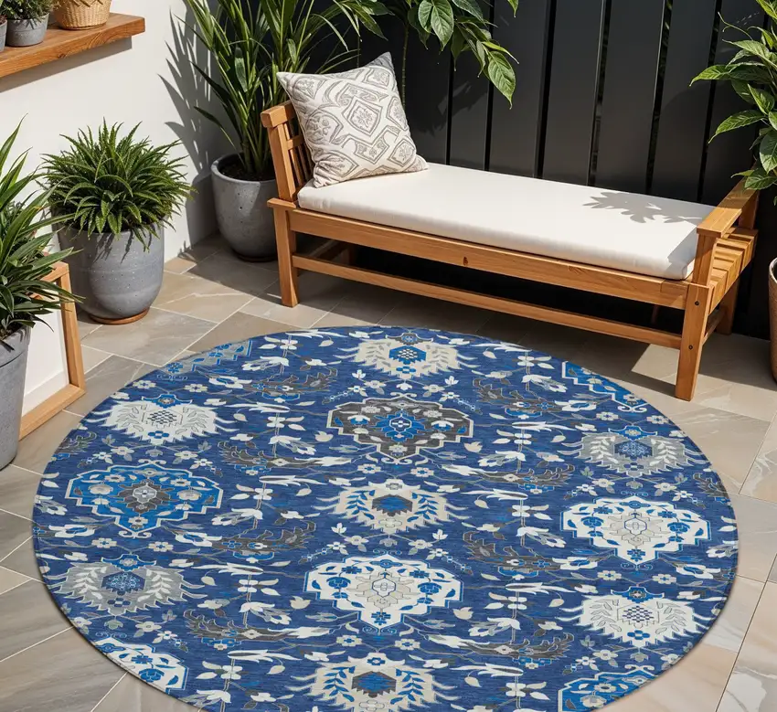 8' Navy Blue Charcoal And Ivory Round Damask Washable Indoor Outdoor Area Rug Photo 1