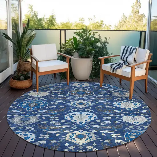 8' Navy Blue Charcoal And Ivory Round Damask Washable Indoor Outdoor Area Rug Photo 8