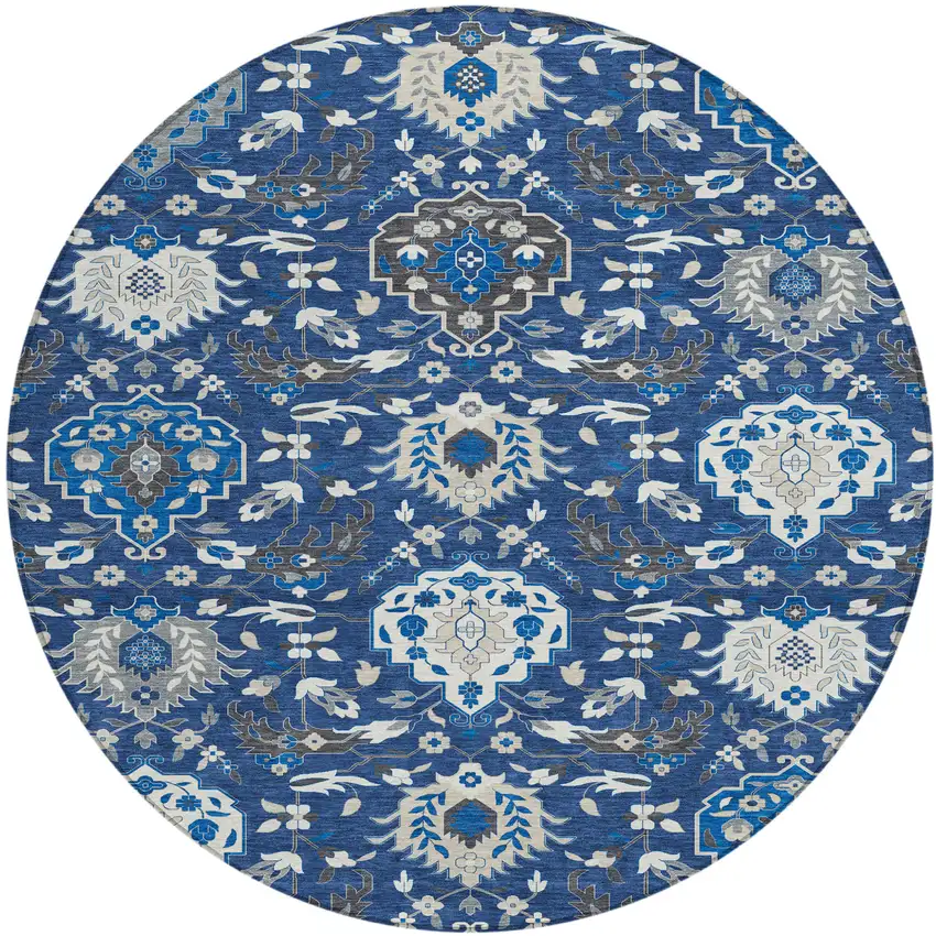8' Navy Blue Charcoal And Ivory Round Damask Washable Indoor Outdoor Area Rug Photo 2