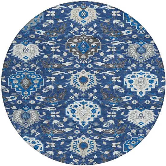 8' Navy Blue Charcoal And Ivory Round Damask Washable Indoor Outdoor Area Rug Photo 2