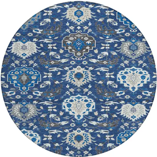 8' Navy Blue Charcoal And Ivory Round Damask Washable Indoor Outdoor Area Rug Photo 7