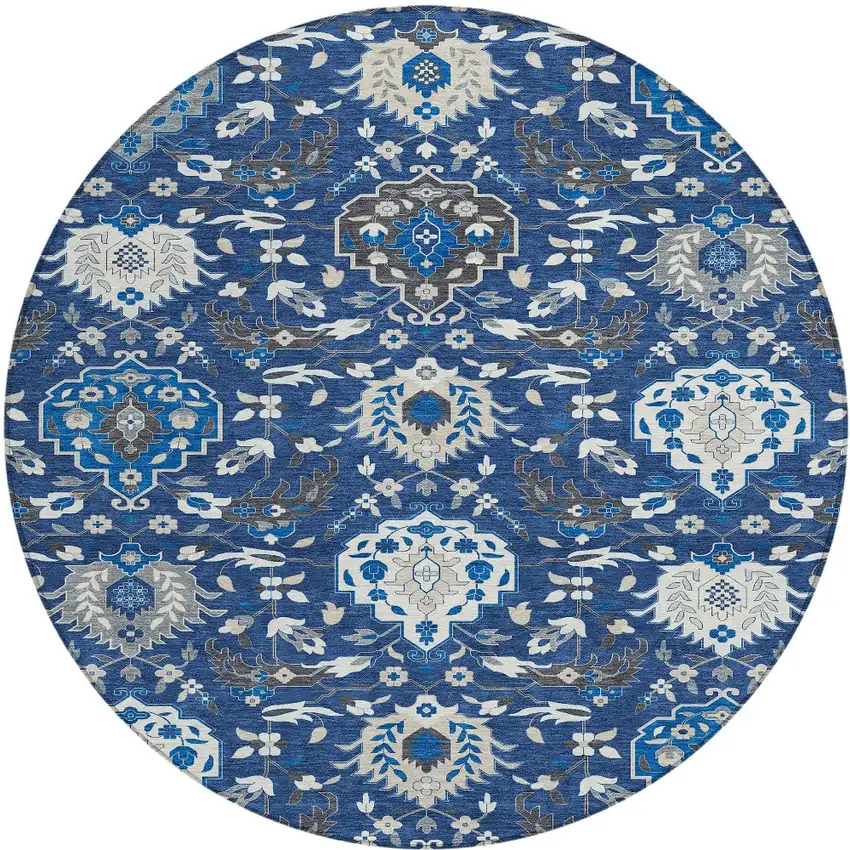 8' Navy Blue Charcoal And Ivory Round Damask Washable Indoor Outdoor Area Rug Photo 7