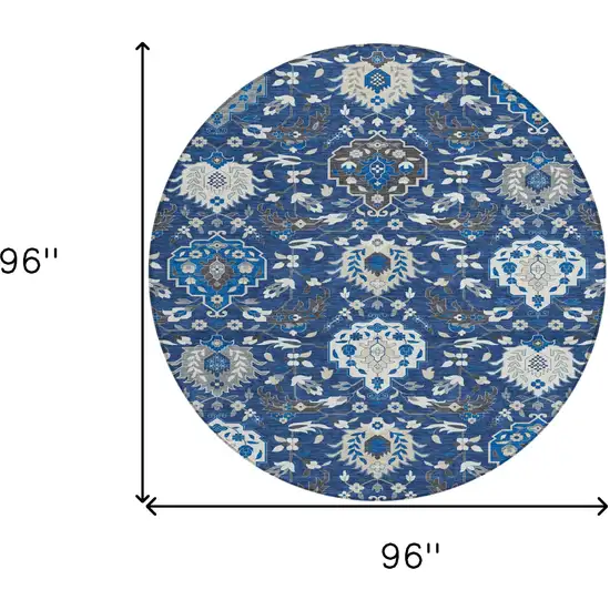 8' Navy Blue Charcoal And Ivory Round Damask Washable Indoor Outdoor Area Rug Photo 3