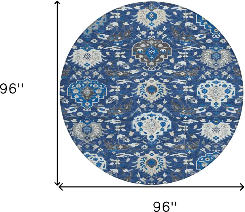 8' Navy Blue Charcoal And Ivory Round Damask Washable Indoor Outdoor Area Rug Photo 3