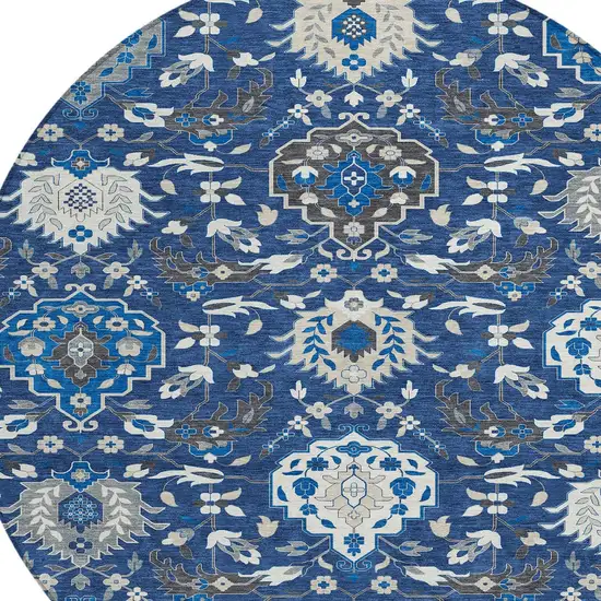 8' Navy Blue Charcoal And Ivory Round Damask Washable Indoor Outdoor Area Rug Photo 6