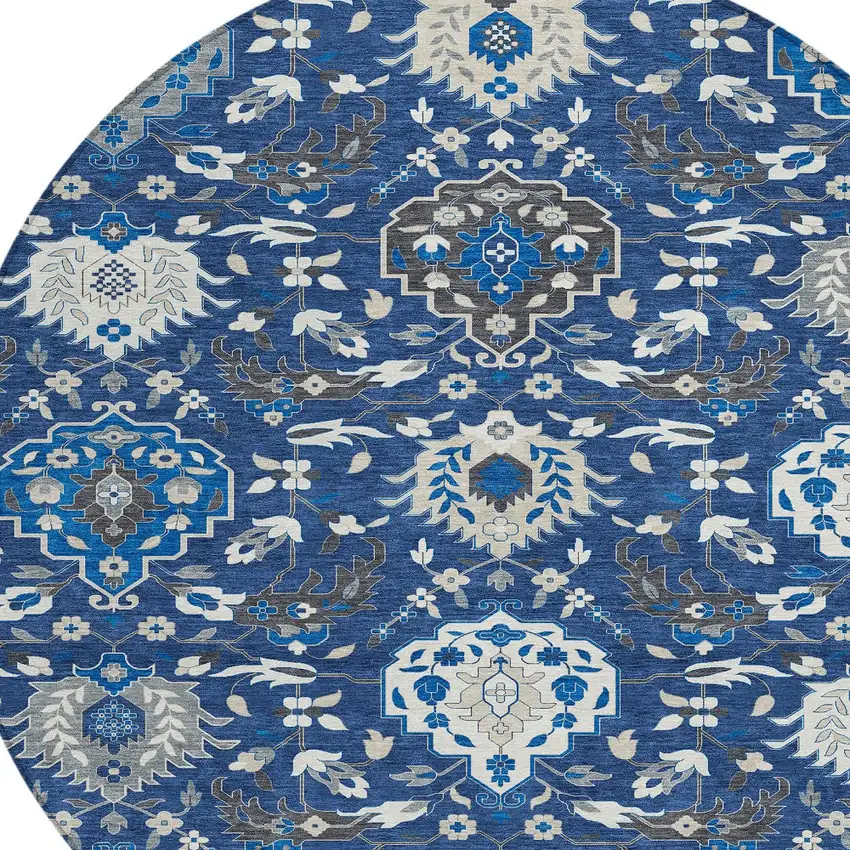 8' Navy Blue Charcoal And Ivory Round Damask Washable Indoor Outdoor Area Rug Photo 6